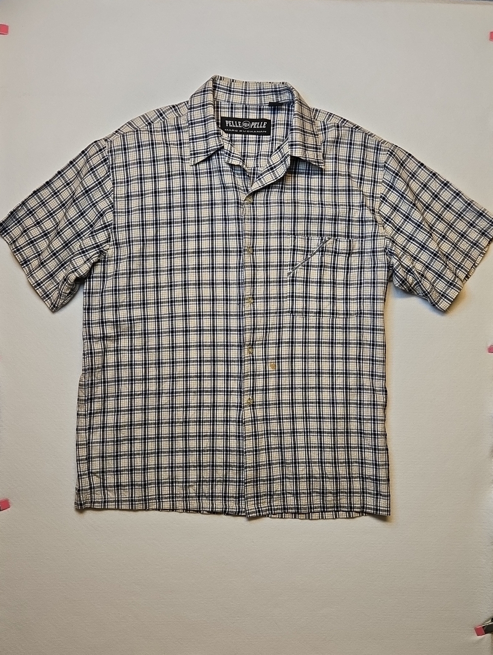 Pelle Pelle Short Sleeve Navy, White & Tan Plaid Button Up Shirt Vintage 90s